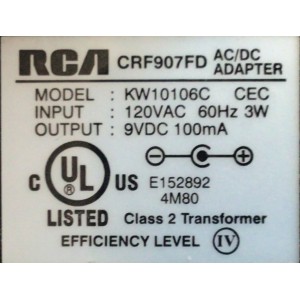 CARGADOR / ADAPTADOR DE FUENTE DE ALIMENTACION RCA / VCA-VCD / NUMERO DE PARTE CRF907FD / ENTRADA VCA 120V 60HZ 3W / SALIDA VCD 9V 100MA / MODELO KW10106C